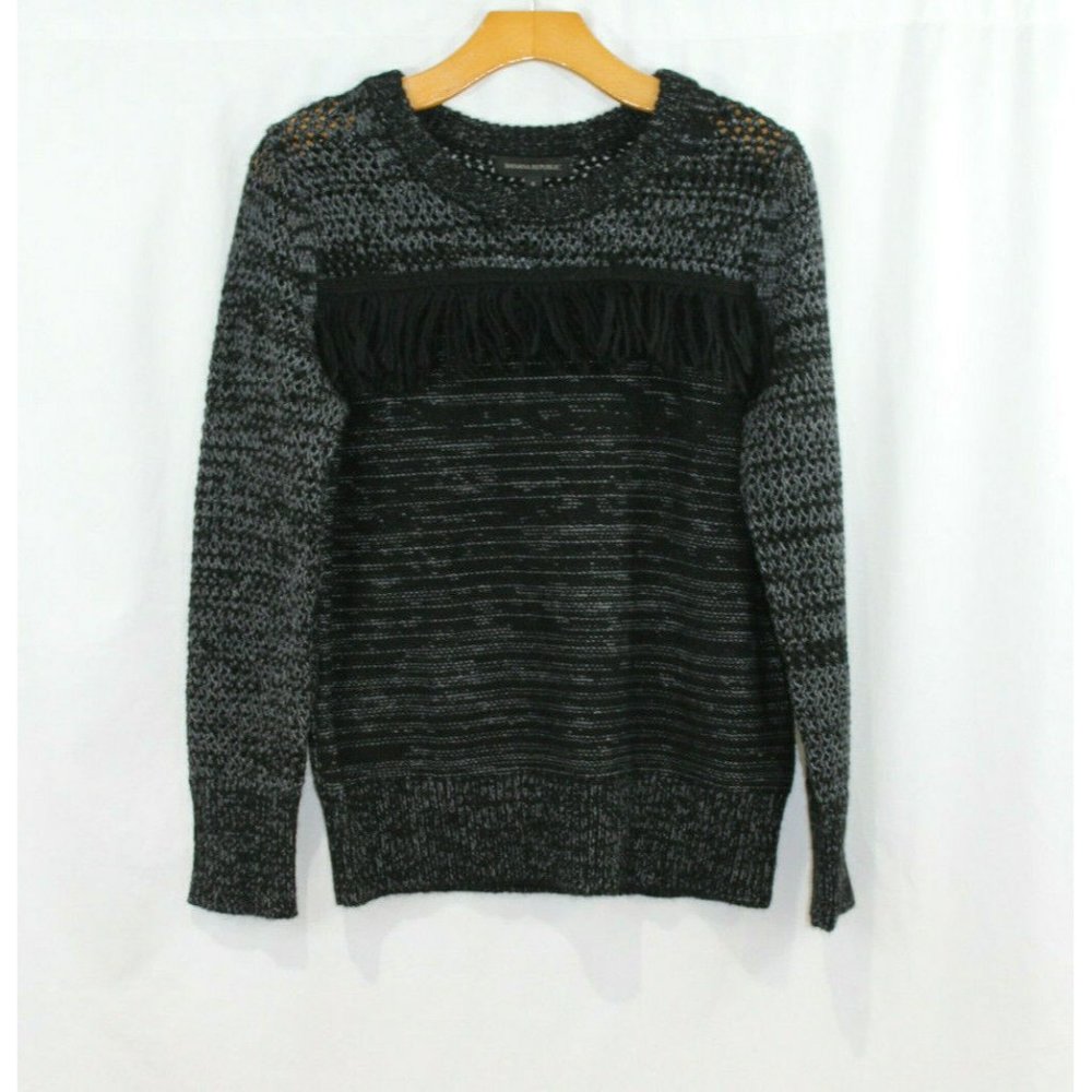 Banana Republic $98 Womens Black Grey Wool Blend Fringe Trim Sweater S NWT - Picture 2 of 6